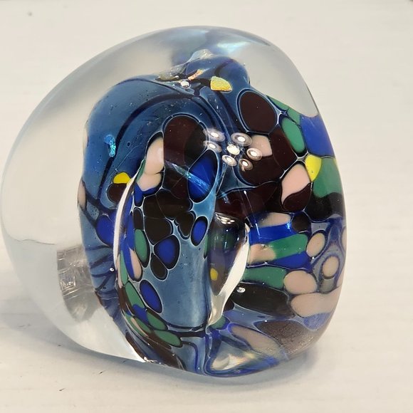 Artisan Artist Rollin Karg Signed Glass Paperweight Dichroic Blue Metallic